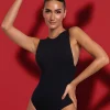 Oh Polly Tops^High Neck Deep Armhole Bodysuit in Black