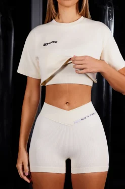 Oh Polly Matching Sets | Shorts^High Waist Cross Over Ribbed Mini Shorts in Ivory