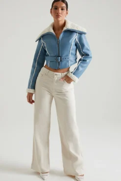 Oh Polly Outerwear | Fall Outfits^Jacket with Shearling Collar and Trim in Blue