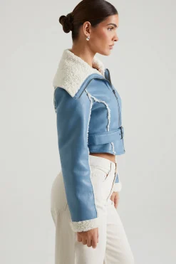 Oh Polly Outerwear | Fall Outfits^Jacket with Shearling Collar and Trim in Blue