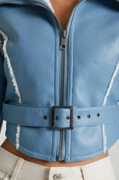 Oh Polly Outerwear | Fall Outfits^Jacket with Shearling Collar and Trim in Blue