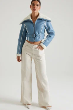 Oh Polly Outerwear | Fall Outfits^Jacket with Shearling Collar and Trim in Blue