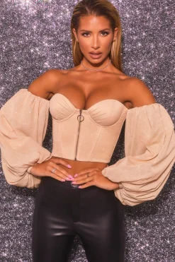 Oh Polly Women'S Clothing Sale - $65 And Under | Women'S Clothing Sale - $40 And Under^Keep On Shining Bardot Puff Sleeve Crop Top in Gold