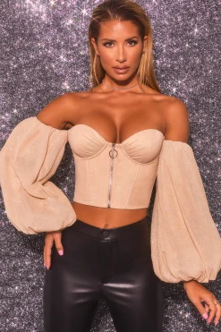Oh Polly Women'S Clothing Sale - $65 And Under | Women'S Clothing Sale - $40 And Under^Keep On Shining Bardot Puff Sleeve Crop Top in Gold