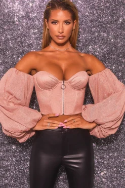 Oh Polly Women'S Clothing Sale - $65 And Under | Women'S Clothing Sale - $40 And Under^Keep On Shining Bardot Puff Sleeve Crop Top in Rose Gold