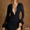 Oh Polly Georgette And Chiffon^Lace Up Front Mini Dress in Black
