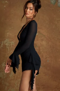 Oh Polly Georgette And Chiffon^Lace Up Front Mini Dress in Black
