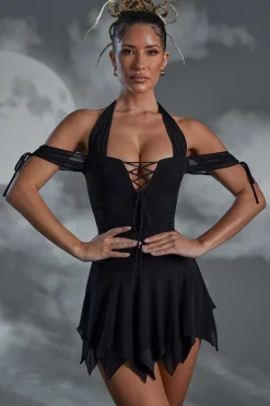Oh Polly Mesh Dresses^Lace Up Halter Neck Mini Dress in Black