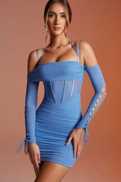 Oh Polly Women'S Clothing Sale - $65 And Under | Women'S Clothing Sale - $40 And Under^Lace Up Long Sleeve Corset Mini Dress in Blue