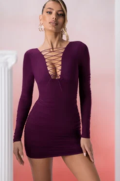 Oh Polly Women'S Clothing Sale - $65 And Under | Women'S Clothing Sale - $40 And Under^Lace Up Long Sleeve Mini Dress in Wine
