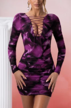 Oh Polly Women'S Clothing Sale - $65 And Under | Women'S Clothing Sale - $40 And Under^Lace Up Long Sleeve Mini Dress in Print Multi