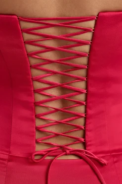 Oh Polly Night Out | Satin Dresses^Lace-Up Corset Mini Dress in Cherry Red CherryRed