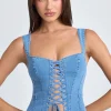 Oh Polly Co-Ords | Tops^Lace-Up Corset Top in Mid Blue Stonewash MidBlueStonewash