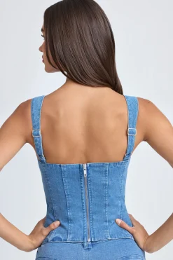 Oh Polly Co-Ords | Tops^Lace-Up Corset Top in Mid Blue Stonewash MidBlueStonewash