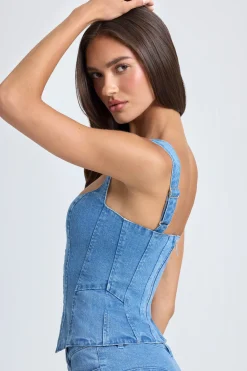 Oh Polly Co-Ords | Tops^Lace-Up Corset Top in Mid Blue Stonewash MidBlueStonewash