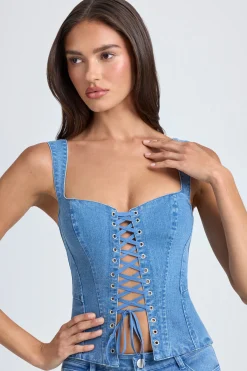 Oh Polly Co-Ords | Tops^Lace-Up Corset Top in Mid Blue Stonewash MidBlueStonewash