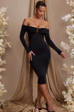 Oh Polly Wedding Guest^Long Sleeve Bardot Neckline Midi Dress in Black