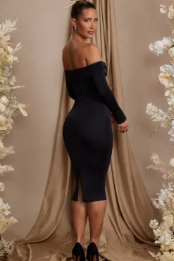 Oh Polly Wedding Guest^Long Sleeve Bardot Neckline Midi Dress in Black