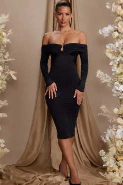 Oh Polly Wedding Guest^Long Sleeve Bardot Neckline Midi Dress in Black
