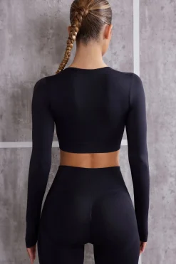 Oh Polly Matching Sets^Long Sleeve Crop Top in Jet Black JetBlack