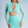 Oh Polly Party Dresses | Birthday^Long Sleeve Cut Out Mini Dress in Aqua