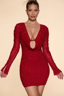 Oh Polly Party Dresses | Embellished Dresses^Long Sleeve Deep Plunge Mini Dress in Red
