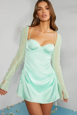 Oh Polly Women'S Clothing Sale - $65 And Under | Women'S Clothing Sale - $40 And Under^Long Sleeve Embellished A-line Mini Dress in Mint