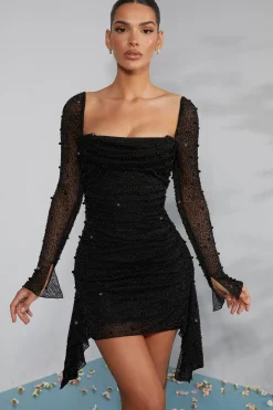 Oh Polly Party Dresses | Holiday Party Dresses & Outfits^Long Sleeve Embellished Cowl Neck Mini Dress in Black