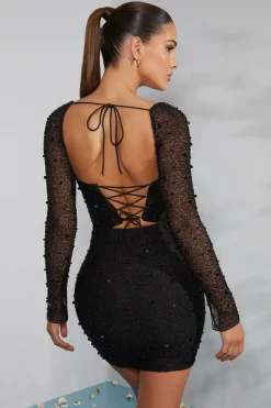 Oh Polly Party Dresses | Birthday^Long Sleeve Embellished Corset Mini Dress in Black
