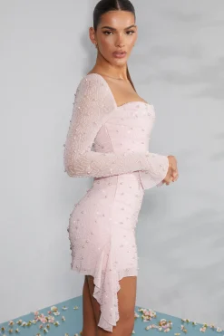 Oh Polly Party Dresses | Birthday^Long Sleeve Embellished Cowl Neck Mini Dress in Blush