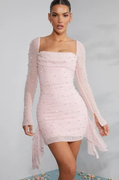 Oh Polly Party Dresses | Birthday^Long Sleeve Embellished Cowl Neck Mini Dress in Blush