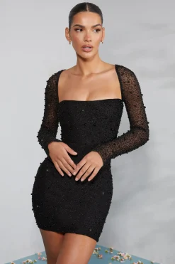 Oh Polly Party Dresses | Birthday^Long Sleeve Embellished Corset Mini Dress in Black