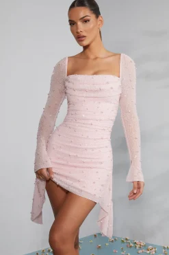 Oh Polly Party Dresses | Birthday^Long Sleeve Embellished Cowl Neck Mini Dress in Blush