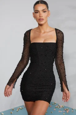 Oh Polly Party Dresses | Birthday^Long Sleeve Embellished Corset Mini Dress in Black