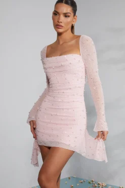 Oh Polly Party Dresses | Birthday^Long Sleeve Embellished Cowl Neck Mini Dress in Blush