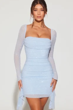 Oh Polly Party Dresses | Homecoming Dresses^Long Sleeve Embellished Cowl Neck Mini Dress in Blue