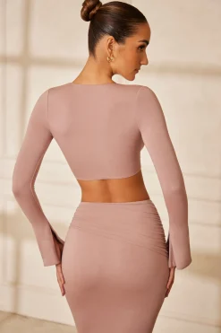 Oh Polly Co-Ords | Tops^Long Sleeve Front Twist Crop Top in Mauve