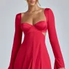 Oh Polly Women'S Clothing Sale - $65 And Under^Long Sleeve Godet Mini Dress in Cherry Red CherryRed
