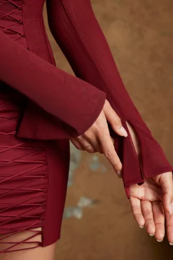 Oh Polly Women'S Clothing Sale - $65 And Under | Women'S Clothing Sale - $40 And Under^Long Sleeve Lace Up Corset Micro Mini Dress in Wine