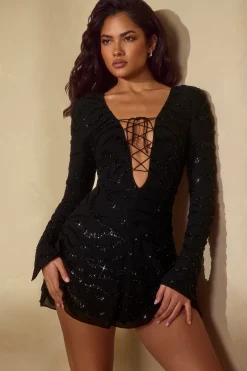 Oh Polly Party Dresses | Birthday^Long Sleeve Lace Up Mini Dress in Black