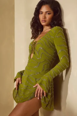 Oh Polly Party Dresses | Birthday^Long Sleeve Lace Up Mini Dress in Olive