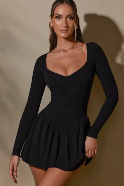 Oh Polly Elevated Essentials^Long Sleeve Layered A-Line Mini Dress in Black