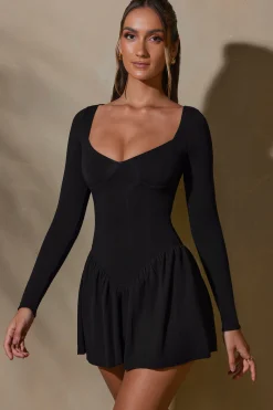 Oh Polly Elevated Essentials^Long Sleeve Layered A-Line Mini Dress in Black