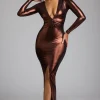 Oh Polly Women'S Clothing Sale - $65 And Under | Party Dresses^Long Sleeve Metallic Jersey Evening Gown in Copper Bronze CopperBronze