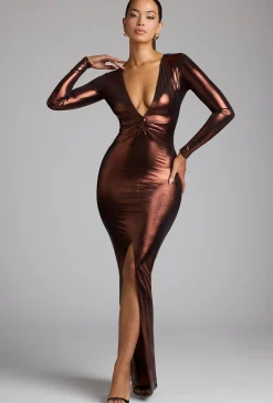 Oh Polly Women'S Clothing Sale - $65 And Under | Party Dresses^Long Sleeve Metallic Jersey Evening Gown in Copper Bronze CopperBronze
