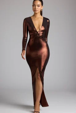 Oh Polly Women'S Clothing Sale - $65 And Under | Party Dresses^Long Sleeve Metallic Jersey Evening Gown in Copper Bronze CopperBronze
