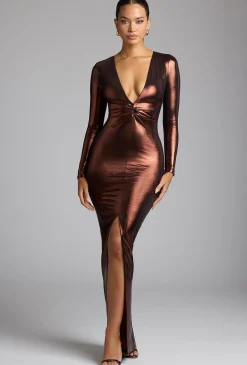 Oh Polly Women'S Clothing Sale - $65 And Under | Party Dresses^Long Sleeve Metallic Jersey Evening Gown in Copper Bronze CopperBronze