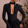 Oh Polly Georgette And Chiffon^Long Sleeve Plunge Neck Mini Dress in Black