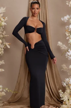 Oh Polly Co-Ords | Tops^Long Sleeve Ruched Crop Top in Black