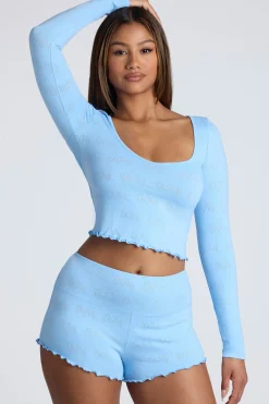 Oh Polly Women'S Clothing Sale - $65 And Under | Women'S Clothing Sale - $40 And Under^Long Sleeve Scoop Neck Pointelle Crop Top in Baby Blue BabyBlue